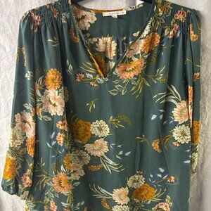 Fun2Fun Womens Green Floral Blouse 3/4 Sleeve Split Neck, Size 2X